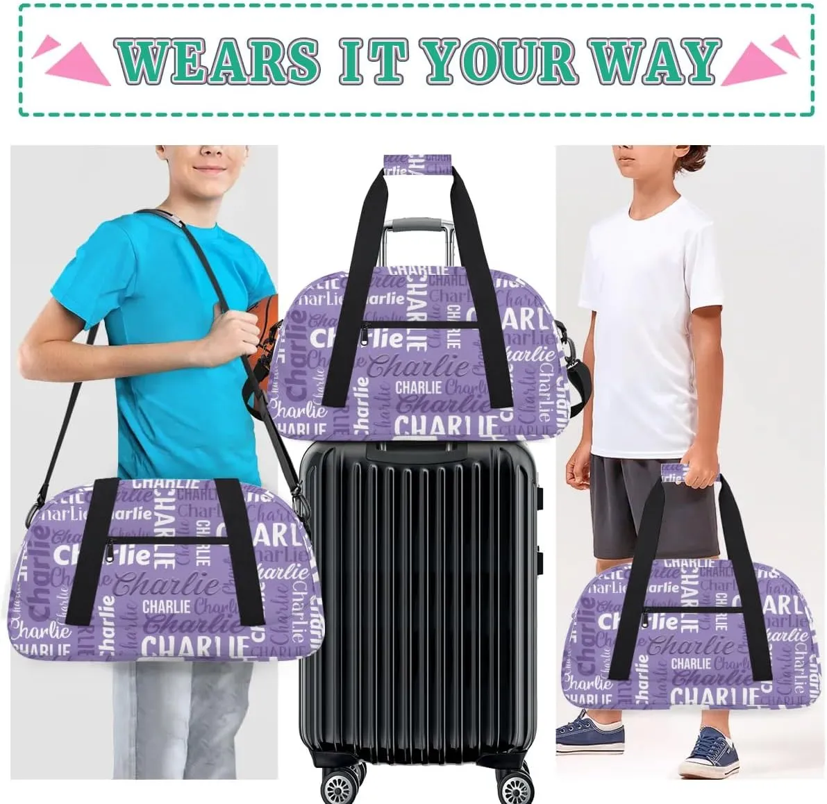 Personalized Dance Bag Duffel Bag for Girl, Custom Gym Bag Sport Duffel Bag, Ballet Bag Gymnastics Bag Cheerleader Weekender Bags Travel Bag for Kids Purple Text Name