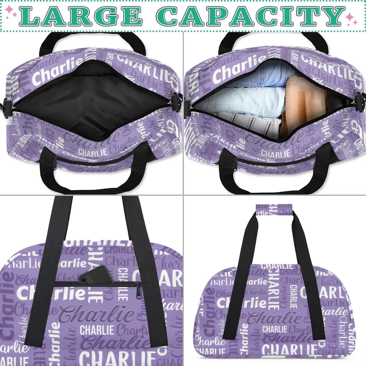 Personalized Dance Bag Duffel Bag for Girl, Custom Gym Bag Sport Duffel Bag, Ballet Bag Gymnastics Bag Cheerleader Weekender Bags Travel Bag for Kids Purple Text Name