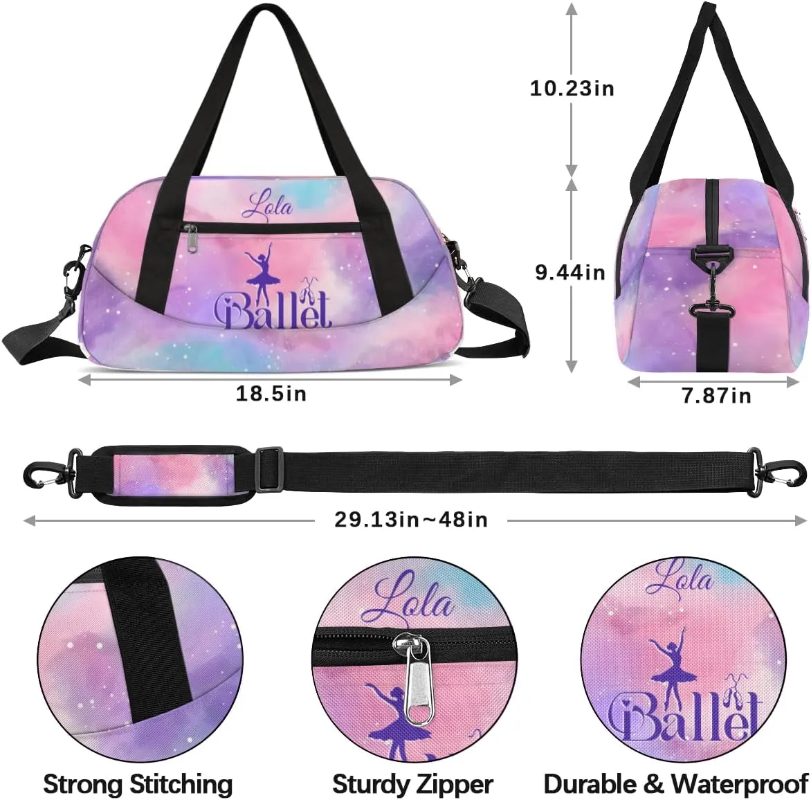 Personalized Dance Bag for Girls Kids, Custom Gym Bag Overnight Small Duffel Bag Carry On Weekend Sports Travel Bag for School Practice Gymnastics Ballet, Colorful Clouds Dots Ballet