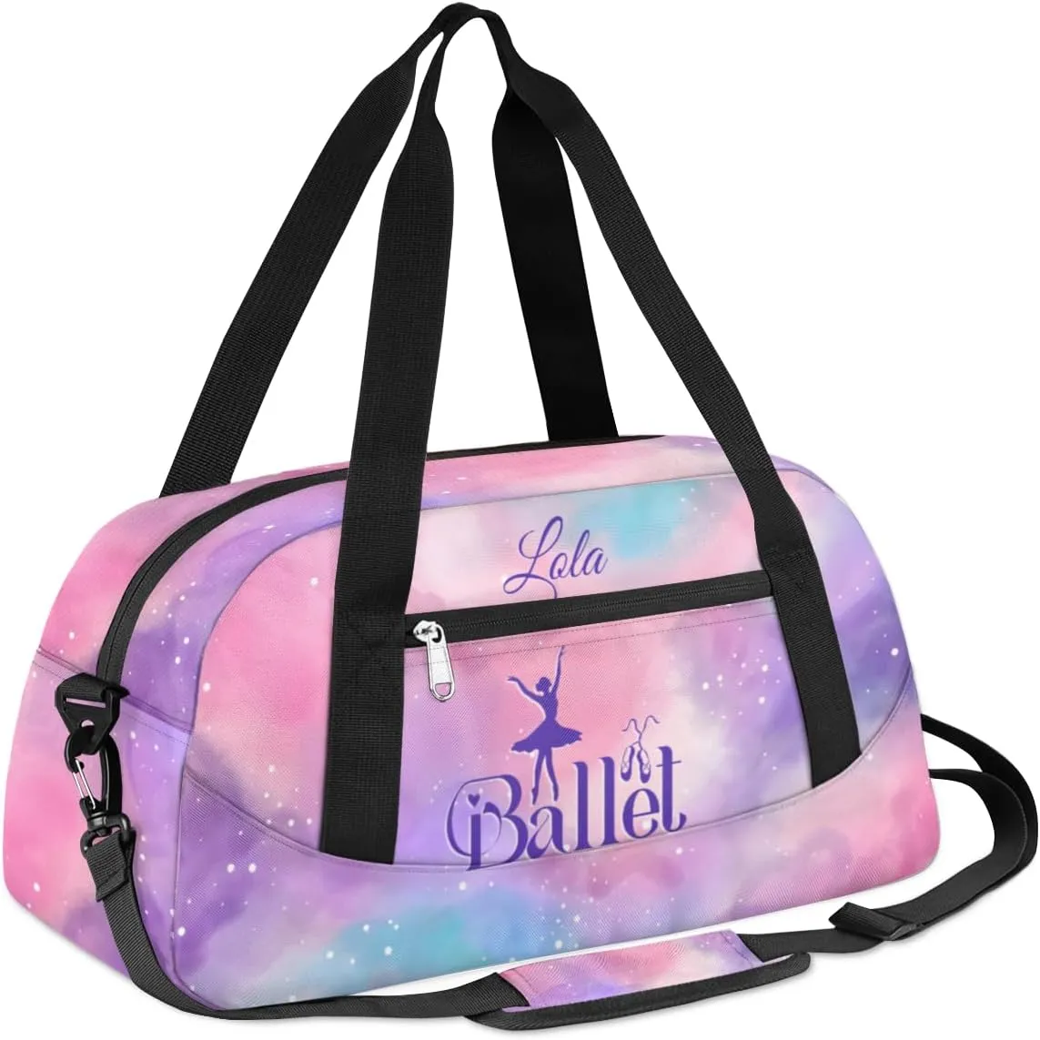 Personalized Dance Bag for Girls Kids, Custom Gym Bag Overnight Small Duffel Bag Carry On Weekend Sports Travel Bag for School Practice Gymnastics Ballet, Colorful Clouds Dots Ballet