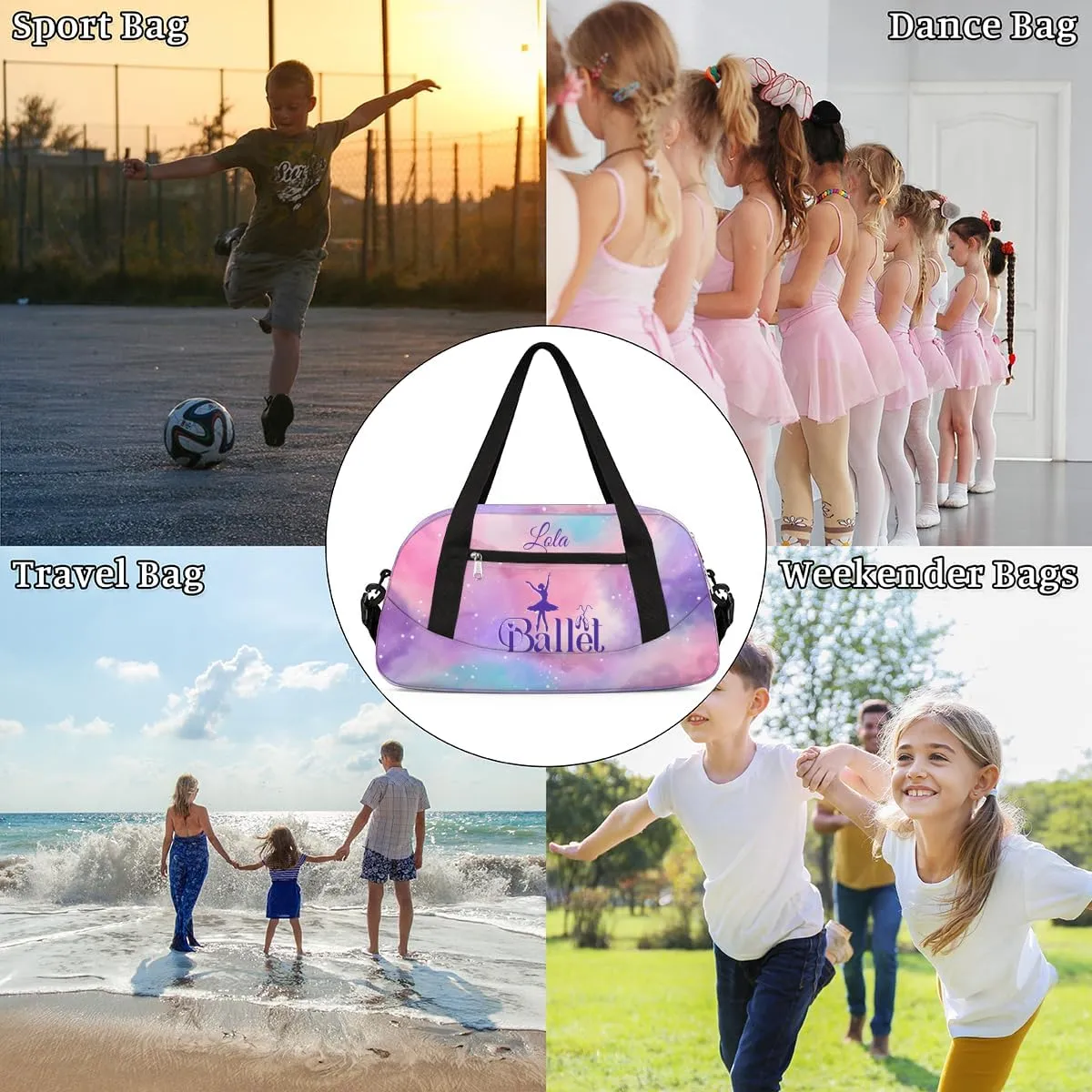 Personalized Dance Bag for Girls Kids, Custom Gym Bag Overnight Small Duffel Bag Carry On Weekend Sports Travel Bag for School Practice Gymnastics Ballet, Colorful Clouds Dots Ballet