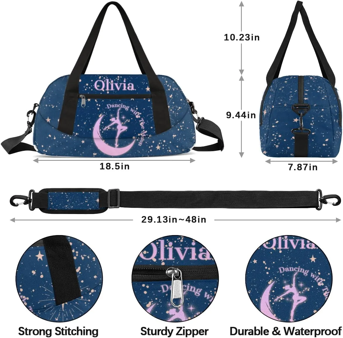 Personalized Dance Bag Gym Bag for Girls, Custom Sports Duffel Bag for Kids, Weekender Bags Travel Duffle Bag, Dancing with The Moon