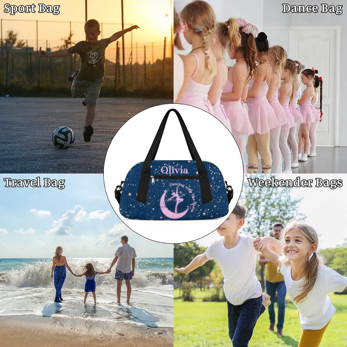 Personalized Dance Bag Gym Bag for Girls, Custom Sports Duffel Bag for Kids, Weekender Bags Travel Duffle Bag, Dancing with The Moon
