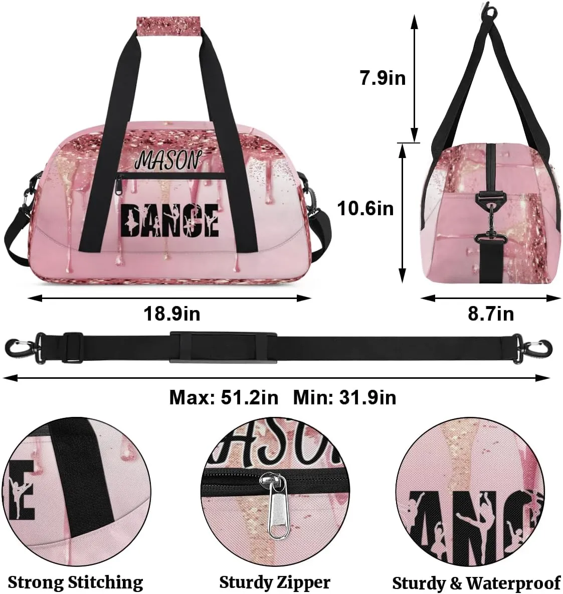 Personalized Dance Bag Gym Bag for Women, Custom Sport Duffel Bag Overnight Weekender Bags Travel Duffel Bag, Fluids Pink