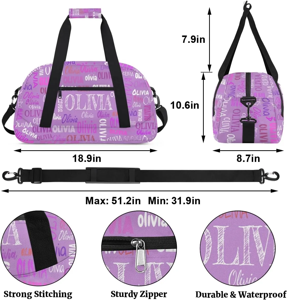 Personalized Dance Duffel Bags Name Girls, Custom Weekender Overnight Bag Waterproof Gym Bag for Travel Girls, Violet