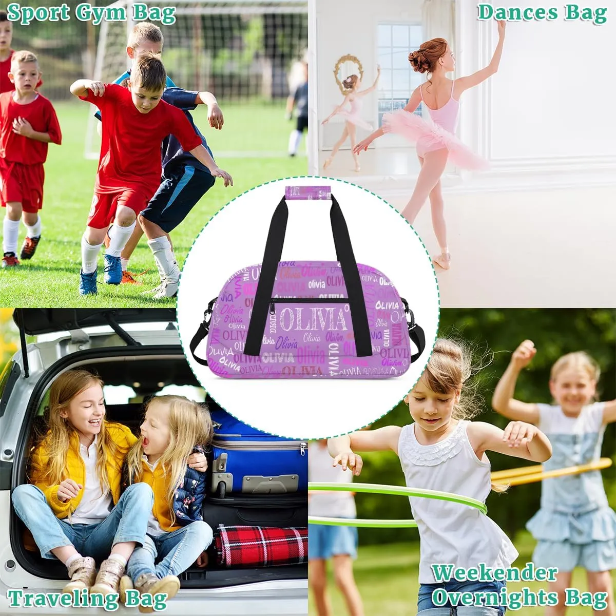 Personalized Dance Duffel Bags Name Girls, Custom Weekender Overnight Bag Waterproof Gym Bag for Travel Girls, Violet