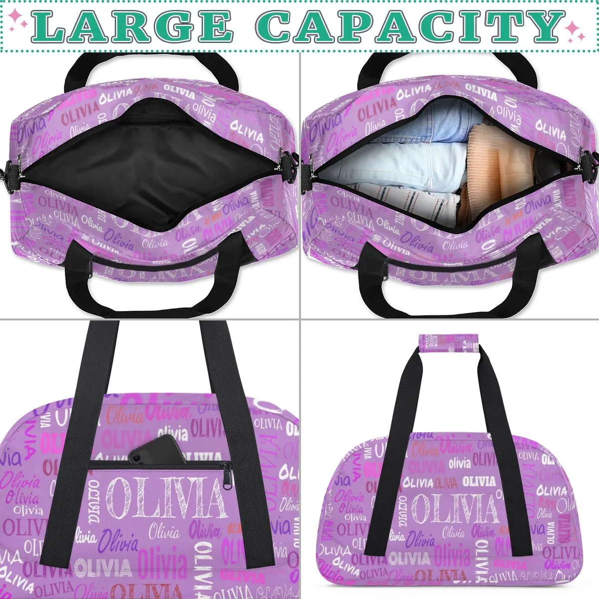 Personalized Dance Duffel Bags Name Girls, Custom Weekender Overnight Bag Waterproof Gym Bag for Travel Girls, Violet