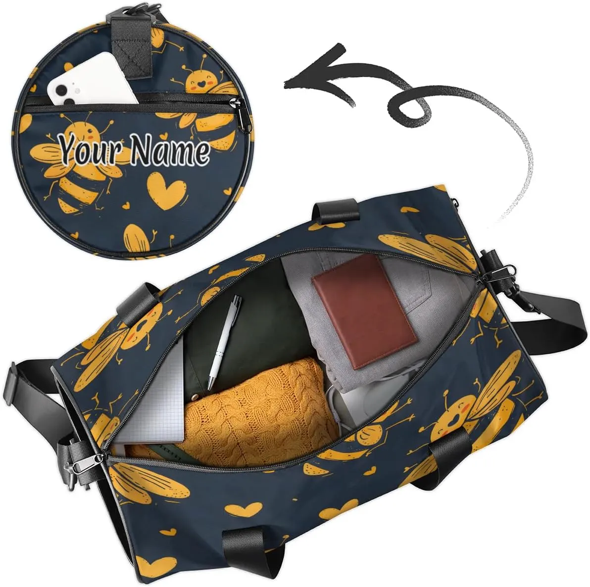 Personalized Duffel Bag for Women, Custom Animals Bees Gym Bag for Sports, Waterproof Dance Bag with Name, Lightweight Carryon Gym Bag, Honey Bee