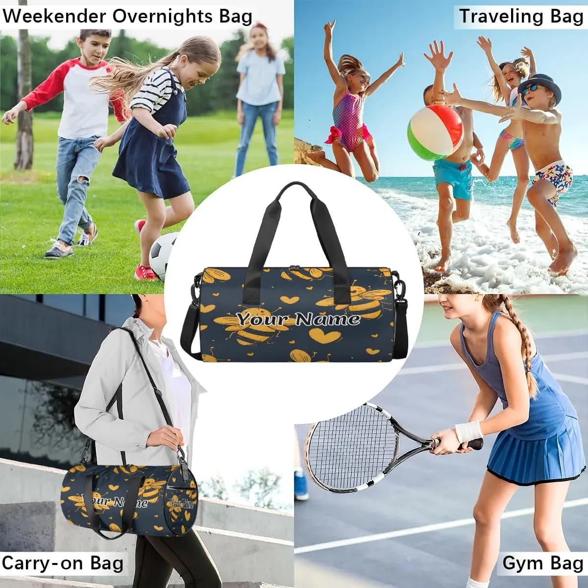Personalized Duffel Bag for Women, Custom Animals Bees Gym Bag for Sports, Waterproof Dance Bag with Name, Lightweight Carryon Gym Bag, Honey Bee