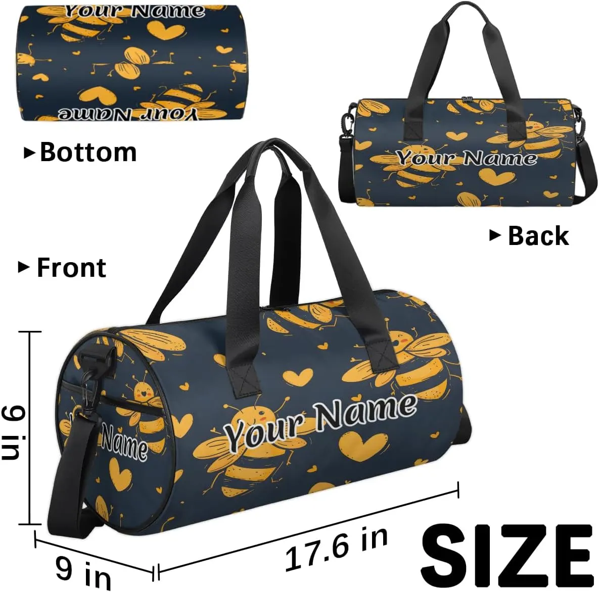 Personalized Duffel Bag for Women, Custom Animals Bees Gym Bag for Sports, Waterproof Dance Bag with Name, Lightweight Carryon Gym Bag, Honey Bee