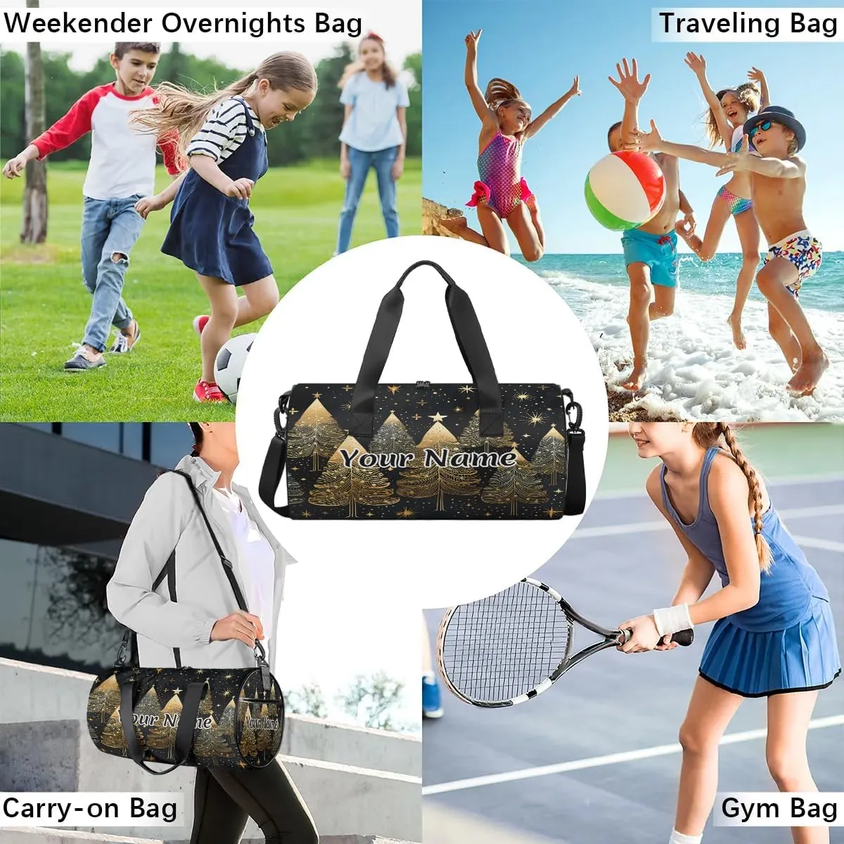 Personalized Duffel Bag for Women, Custom Christmas Trees Gym Bag for Sports, Waterproof Dance Bag with Name, Lightweight Carryon Gym Bag, Winter Snowflake Holiday
