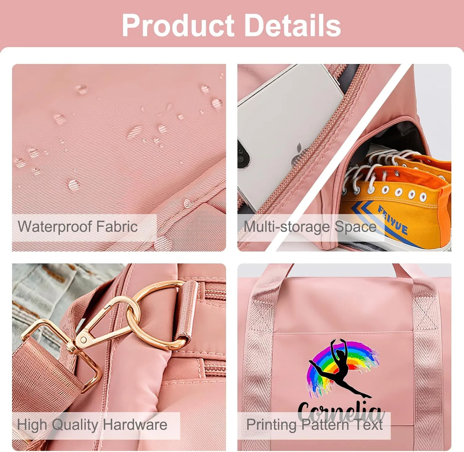 Personalized Duffle Travel Bag with Photo Name Text,Custom Ballet Dance Sport Gym Bag for Women Girls,Customized Dry Wet Separated Weekender Overnight Bags for Cheerleading Gift -Black