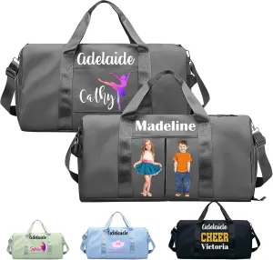 Personalized Duffle Travel Bag with Photo Name Text,Custom Ballet Dance Sport Gym Bag for Women Girls,Customized Dry Wet Separated Weekender Overnight Bags for Cheerleading Gift -Black