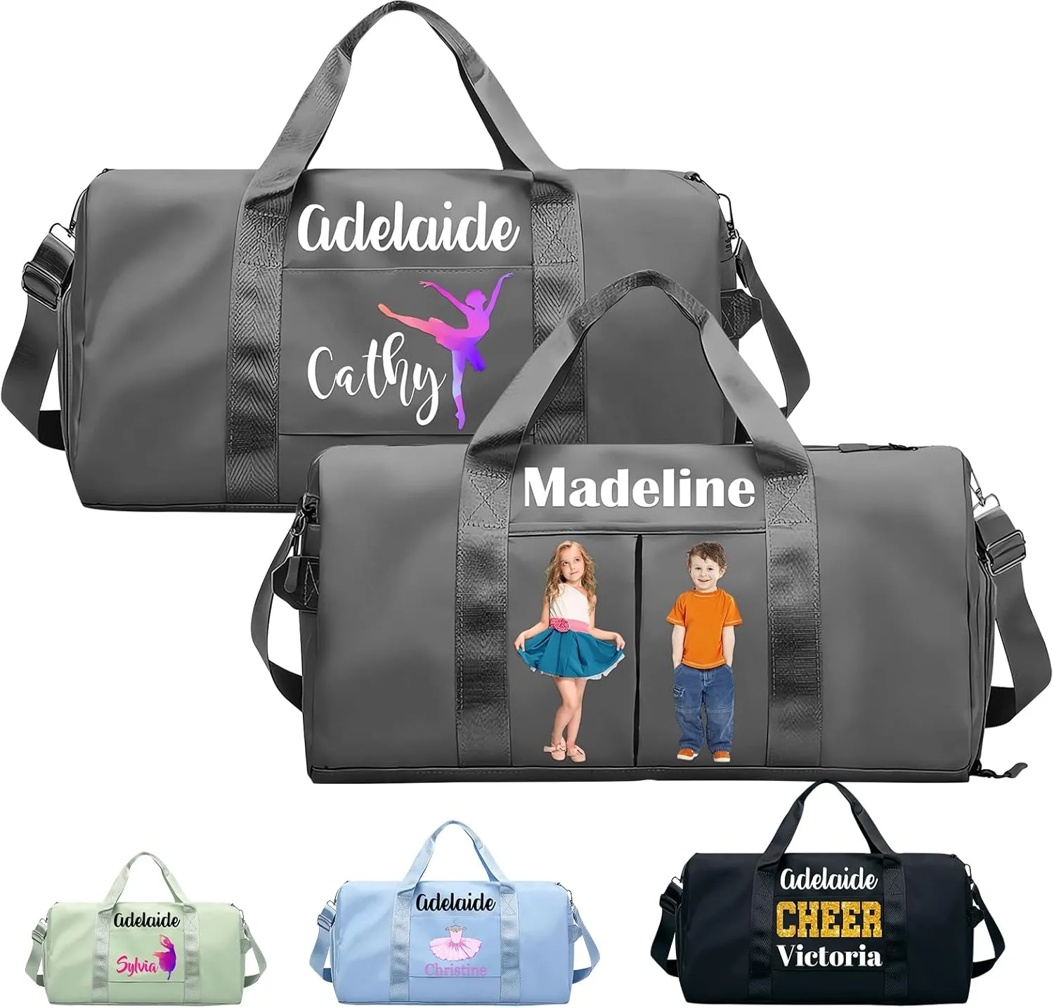 Personalized Duffle Travel Bag with Photo Name Text,Custom Ballet Dance Sport Gym Bag for Women Girls,Customized Dry Wet Separated Weekender Overnight Bags for Cheerleading Gift -Black