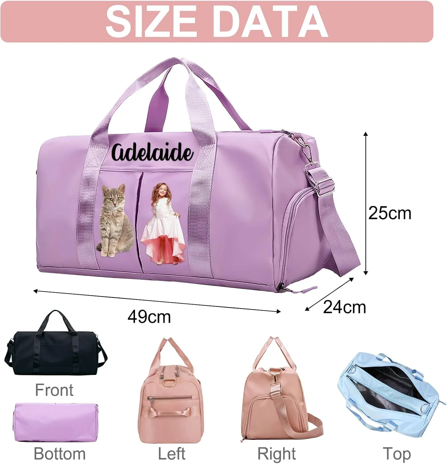 Personalized Duffle Travel Bag with Photo Name Text,Custom Ballet Dance Sport Gym Bag for Women Girls,Customized Dry Wet Separated Weekender Overnight Bags for Cheerleading Gift -Black