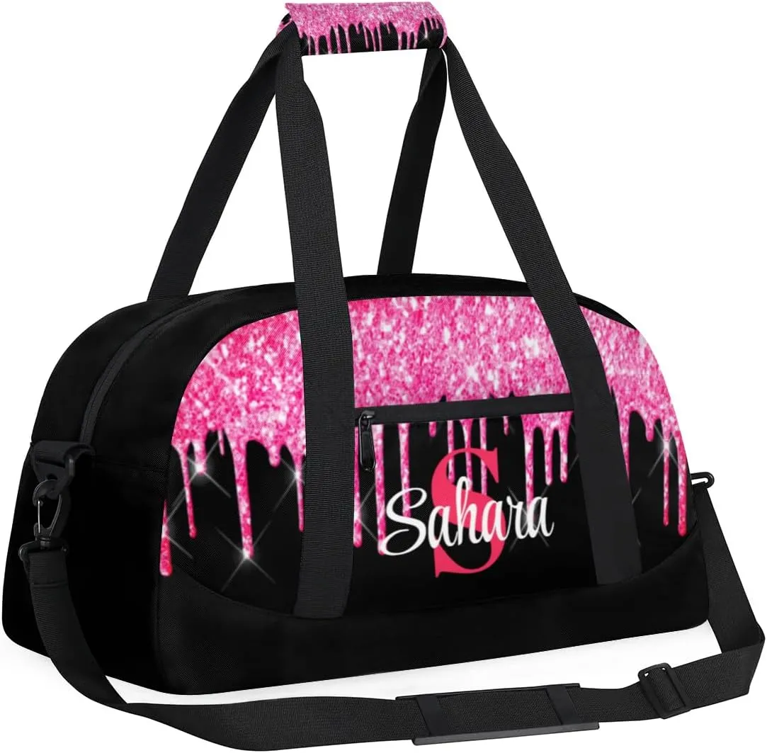 Personalized Glitter Dance Bag Duffel Bag for Girl, Custom Gym Bag Sport Duffel Bag, Ballet Bag Cheerleader Weekender Bags Travel Bag for Kids Hot Pink Dripping