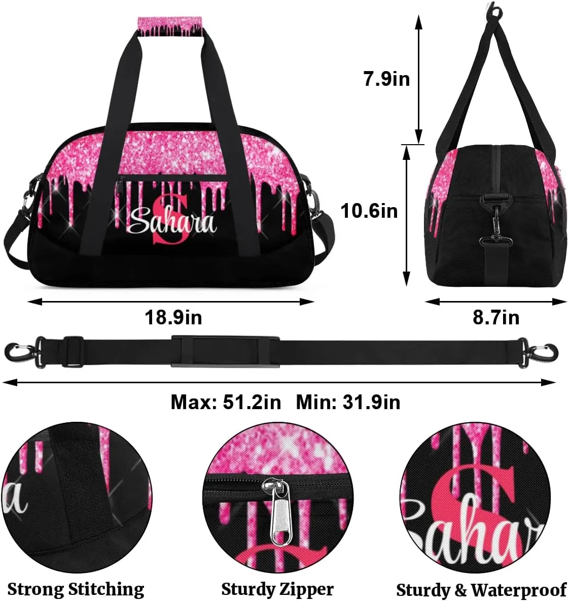 Personalized Glitter Dance Bag Duffel Bag for Girl, Custom Gym Bag Sport Duffel Bag, Ballet Bag Cheerleader Weekender Bags Travel Bag for Kids Hot Pink Dripping