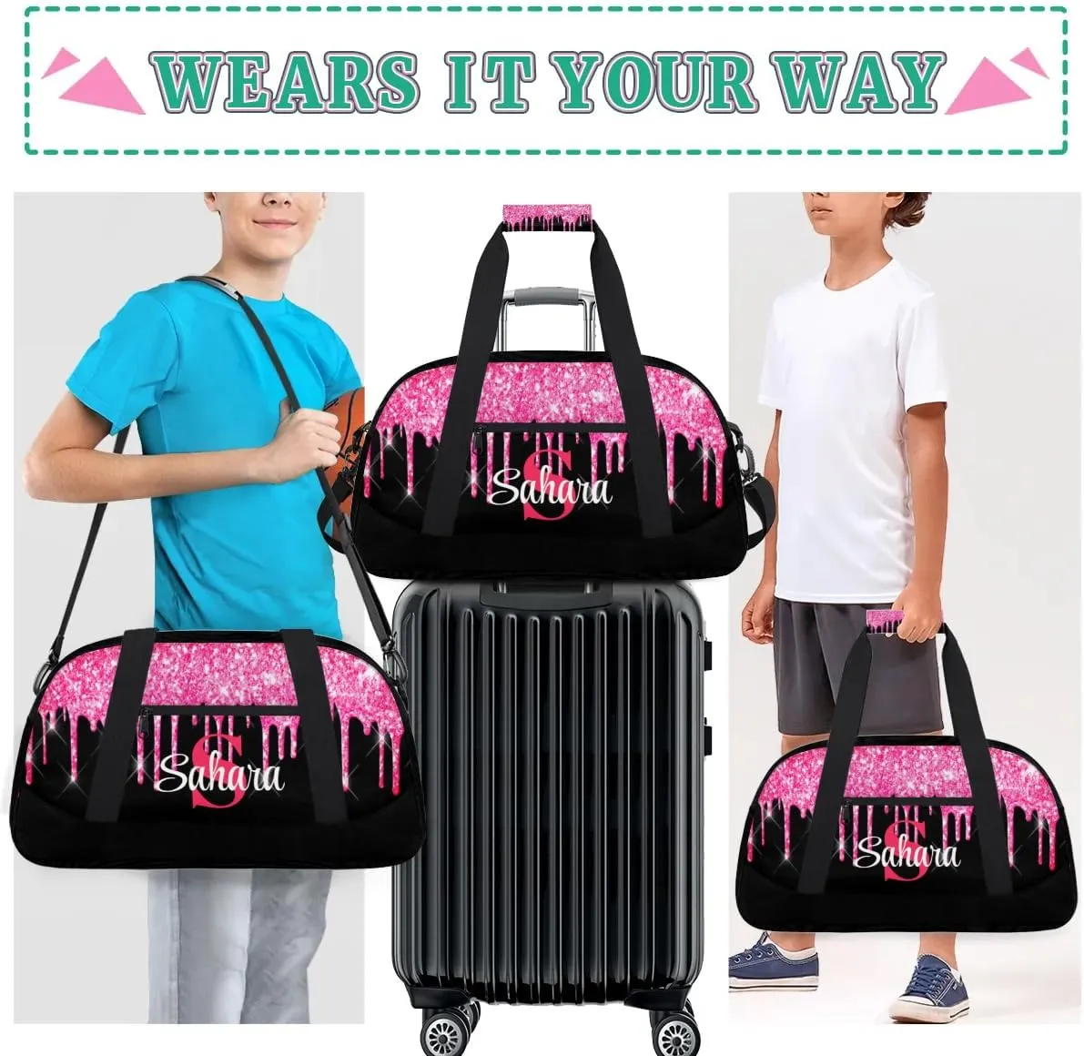 Personalized Glitter Dance Bag Duffel Bag for Girl, Custom Gym Bag Sport Duffel Bag, Ballet Bag Cheerleader Weekender Bags Travel Bag for Kids Hot Pink Dripping