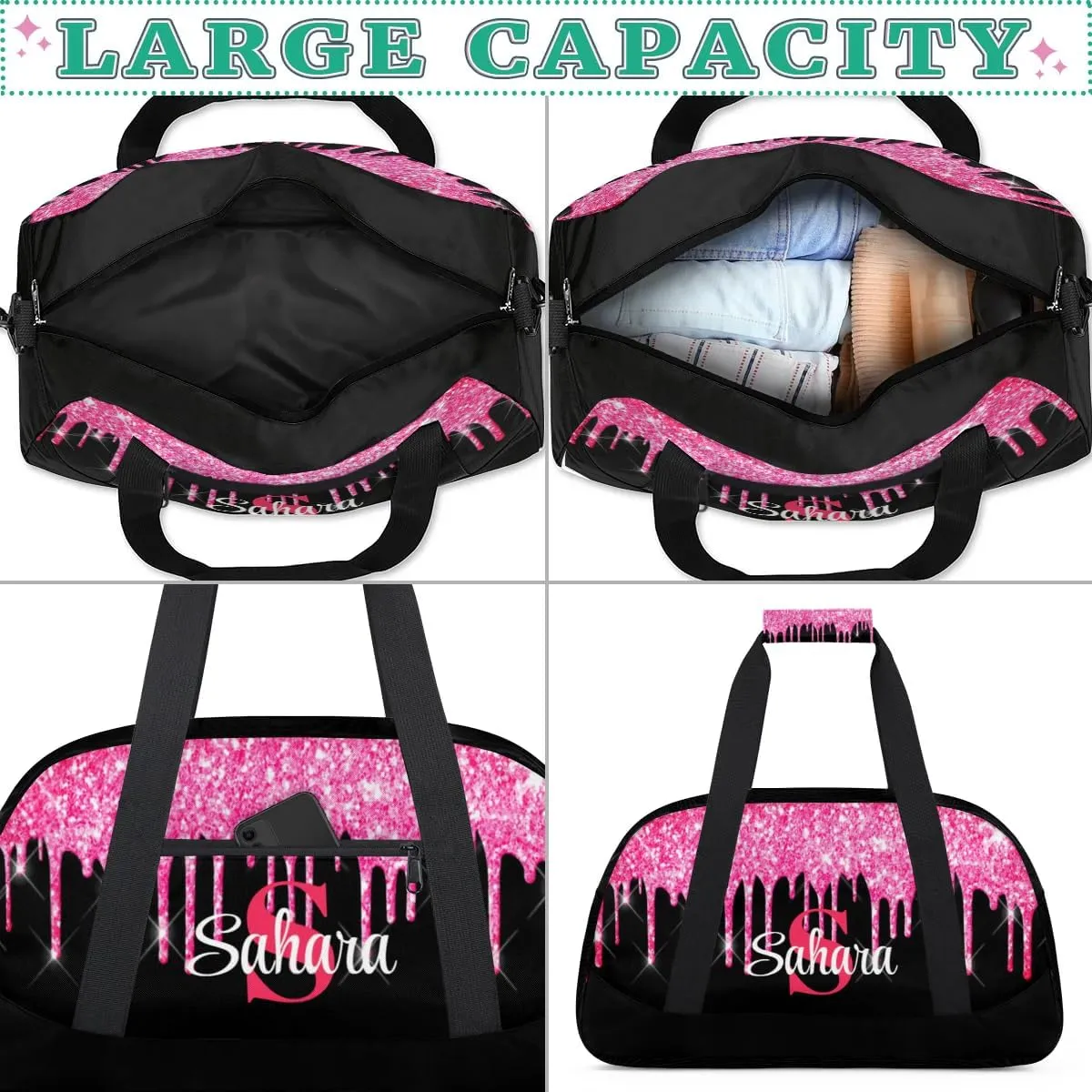 Personalized Glitter Dance Bag Duffel Bag for Girl, Custom Gym Bag Sport Duffel Bag, Ballet Bag Cheerleader Weekender Bags Travel Bag for Kids Hot Pink Dripping