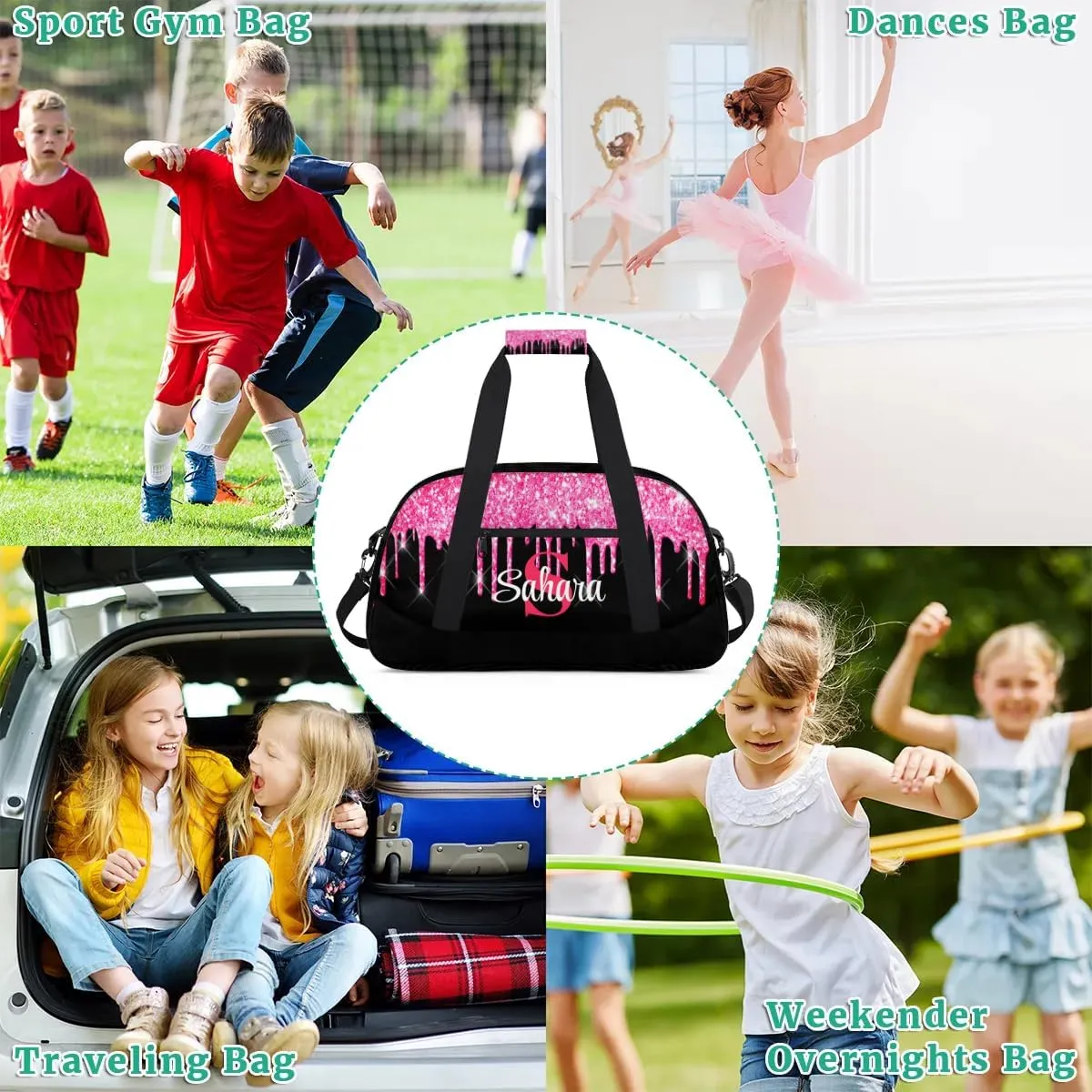 Personalized Glitter Dance Bag Duffel Bag for Girl, Custom Gym Bag Sport Duffel Bag, Ballet Bag Cheerleader Weekender Bags Travel Bag for Kids Hot Pink Dripping