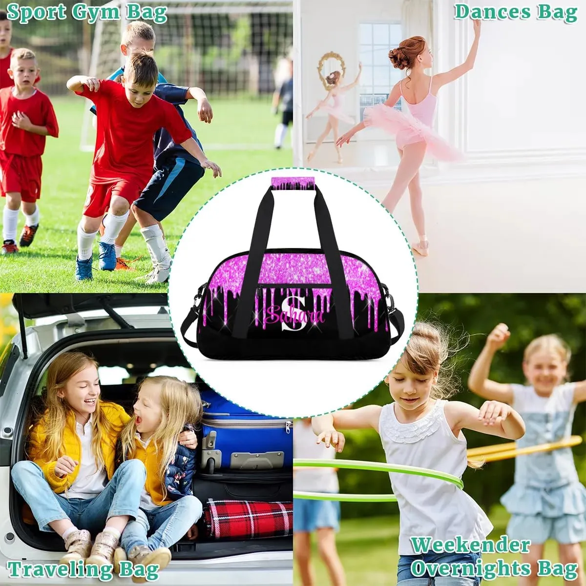 Personalized Glitter Dance Bag Duffel Bag for Girl, Custom Gym Bag Sport Duffel Bag, Ballet Bag Cheerleader Weekender Bags Travel Bag for Kids Purple Dripping