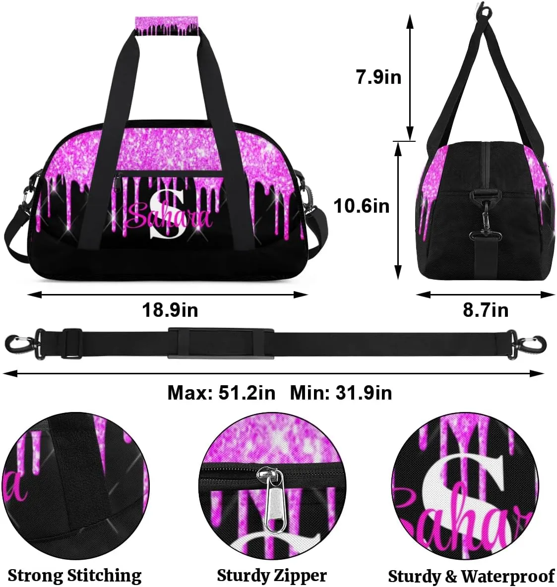 Personalized Glitter Dance Bag Duffel Bag for Girl, Custom Gym Bag Sport Duffel Bag, Ballet Bag Cheerleader Weekender Bags Travel Bag for Kids Purple Dripping