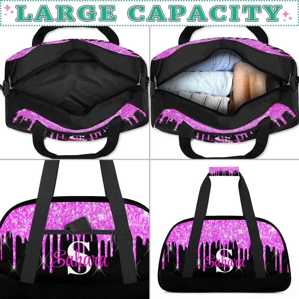 Personalized Glitter Dance Bag Duffel Bag for Girl, Custom Gym Bag Sport Duffel Bag, Ballet Bag Cheerleader Weekender Bags Travel Bag for Kids Purple Dripping