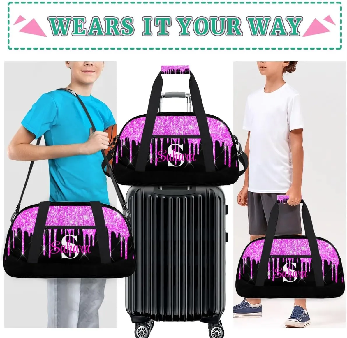 Personalized Glitter Dance Bag Duffel Bag for Girl, Custom Gym Bag Sport Duffel Bag, Ballet Bag Cheerleader Weekender Bags Travel Bag for Kids Purple Dripping