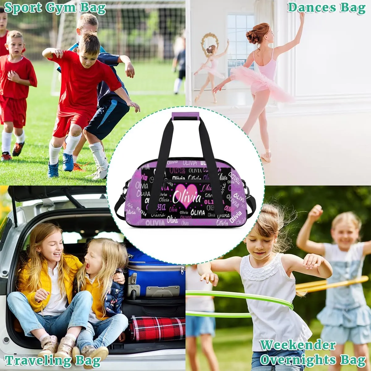 Personalized Gym Bag Dance Bag with Name, Custom Duffle Bag Gym Bag Customized Travel Duffel with Name Text Logo Black with Lavender Purple Background
