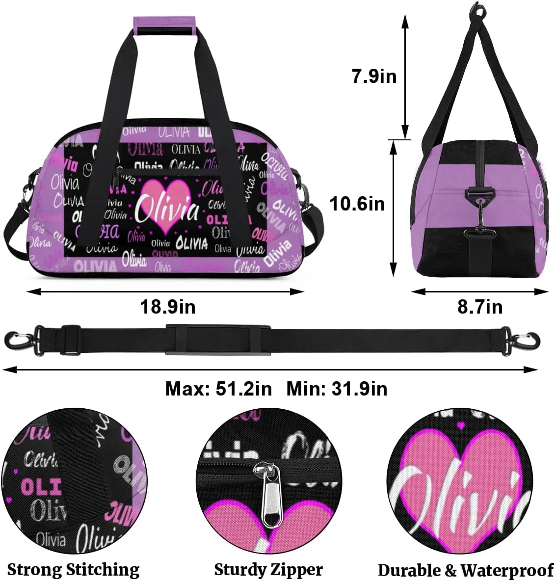 Personalized Gym Bag Dance Bag with Name, Custom Duffle Bag Gym Bag Customized Travel Duffel with Name Text Logo Black with Lavender Purple Background