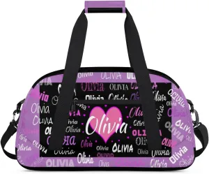 Personalized Gym Bag Dance Bag with Name, Custom Duffle Bag Gym Bag Customized Travel Duffel with Name Text Logo Black with Lavender Purple Background