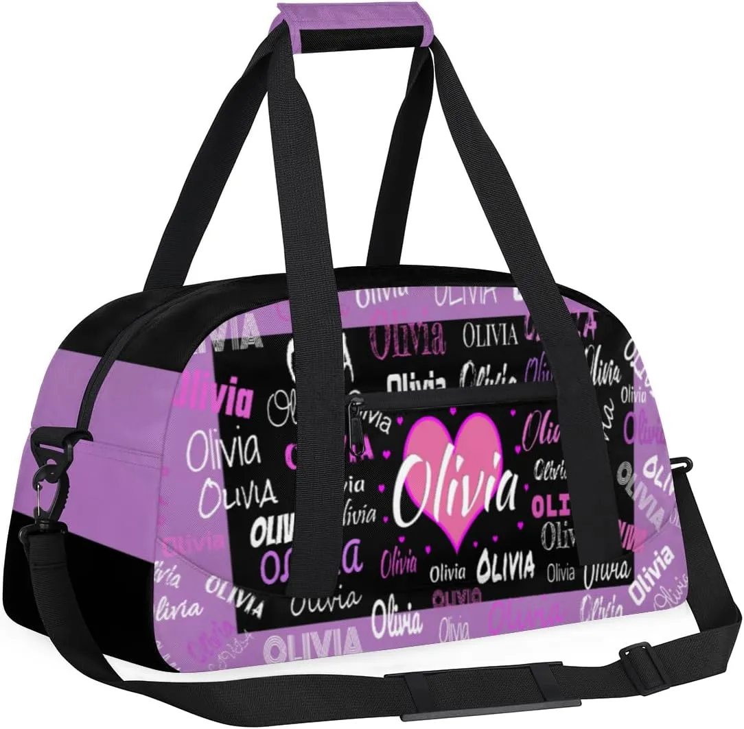 Personalized Gym Bag Dance Bag with Name, Custom Duffle Bag Gym Bag Customized Travel Duffel with Name Text Logo Black with Lavender Purple Background