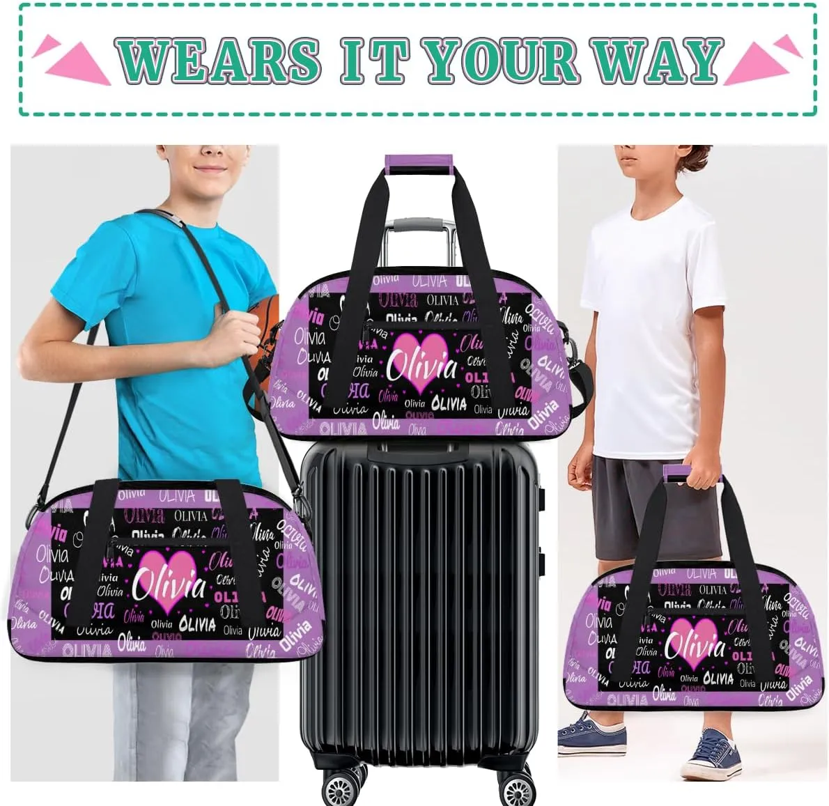 Personalized Gym Bag Dance Bag with Name, Custom Duffle Bag Gym Bag Customized Travel Duffel with Name Text Logo Black with Lavender Purple Background