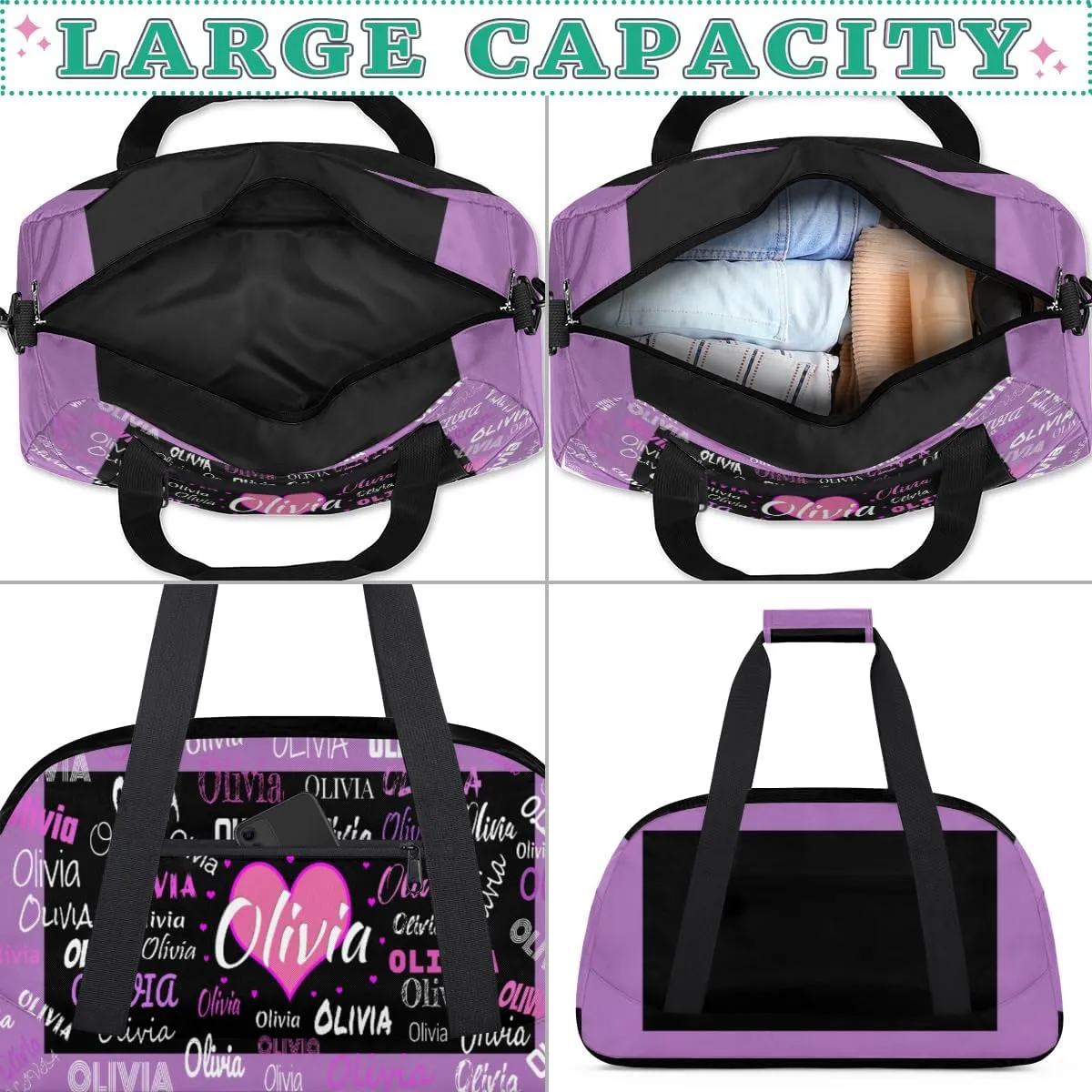Personalized Gym Bag Dance Bag with Name, Custom Duffle Bag Gym Bag Customized Travel Duffel with Name Text Logo Black with Lavender Purple Background