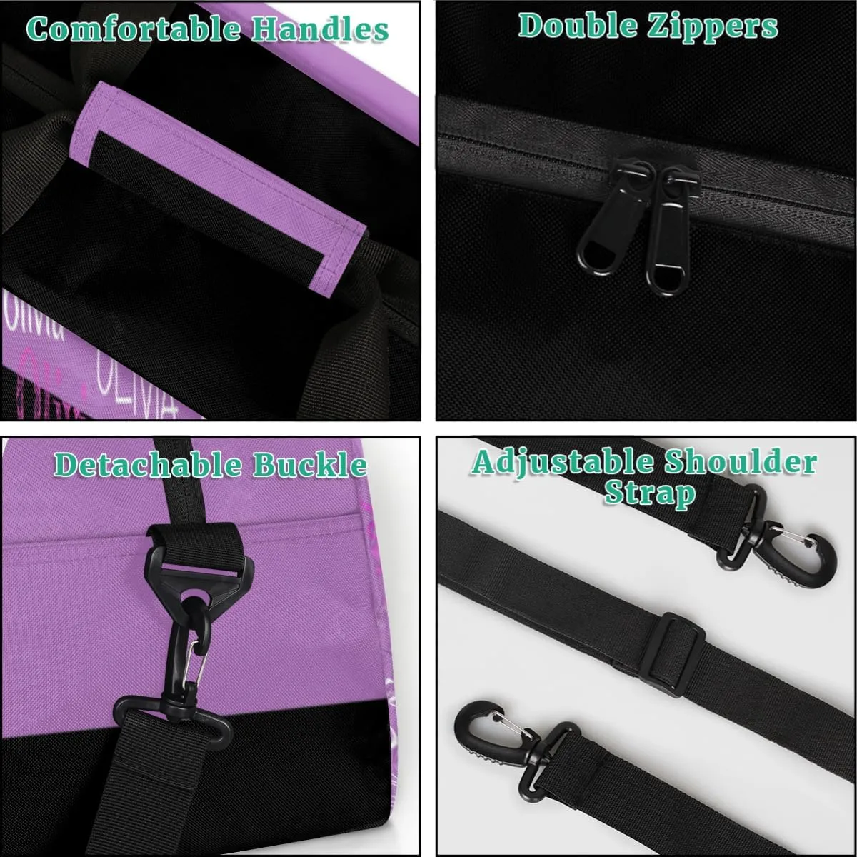 Personalized Gym Bag Dance Bag with Name, Custom Duffle Bag Gym Bag Customized Travel Duffel with Name Text Logo Black with Lavender Purple Background