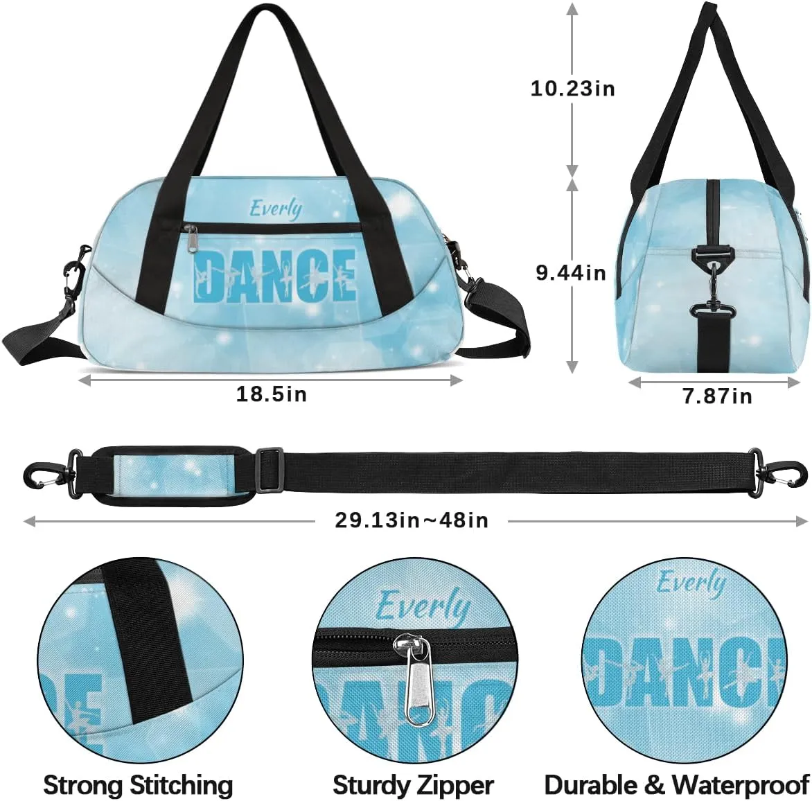Personalized Gym Bag for Girls Teens, Custom Dance Bag Overnight Small Duffel Bag Carry On Weekend Sports Travel Bag for School Practice Gymnastics Ballet, Blue Stars Dance