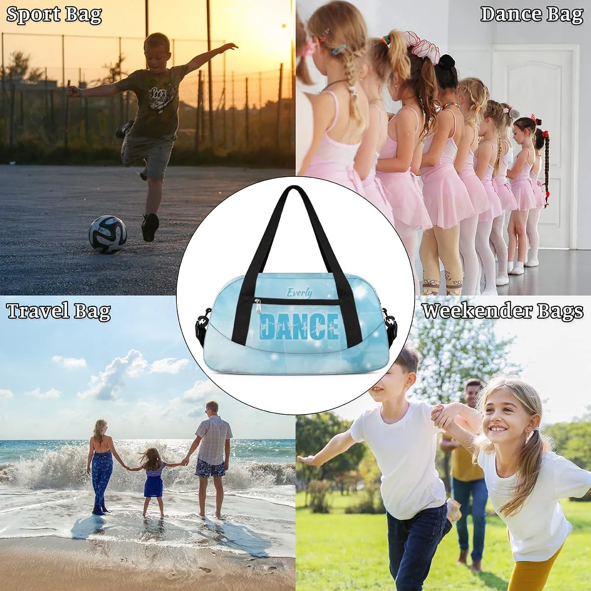 Personalized Gym Bag for Girls Teens, Custom Dance Bag Overnight Small Duffel Bag Carry On Weekend Sports Travel Bag for School Practice Gymnastics Ballet, Blue Stars Dance