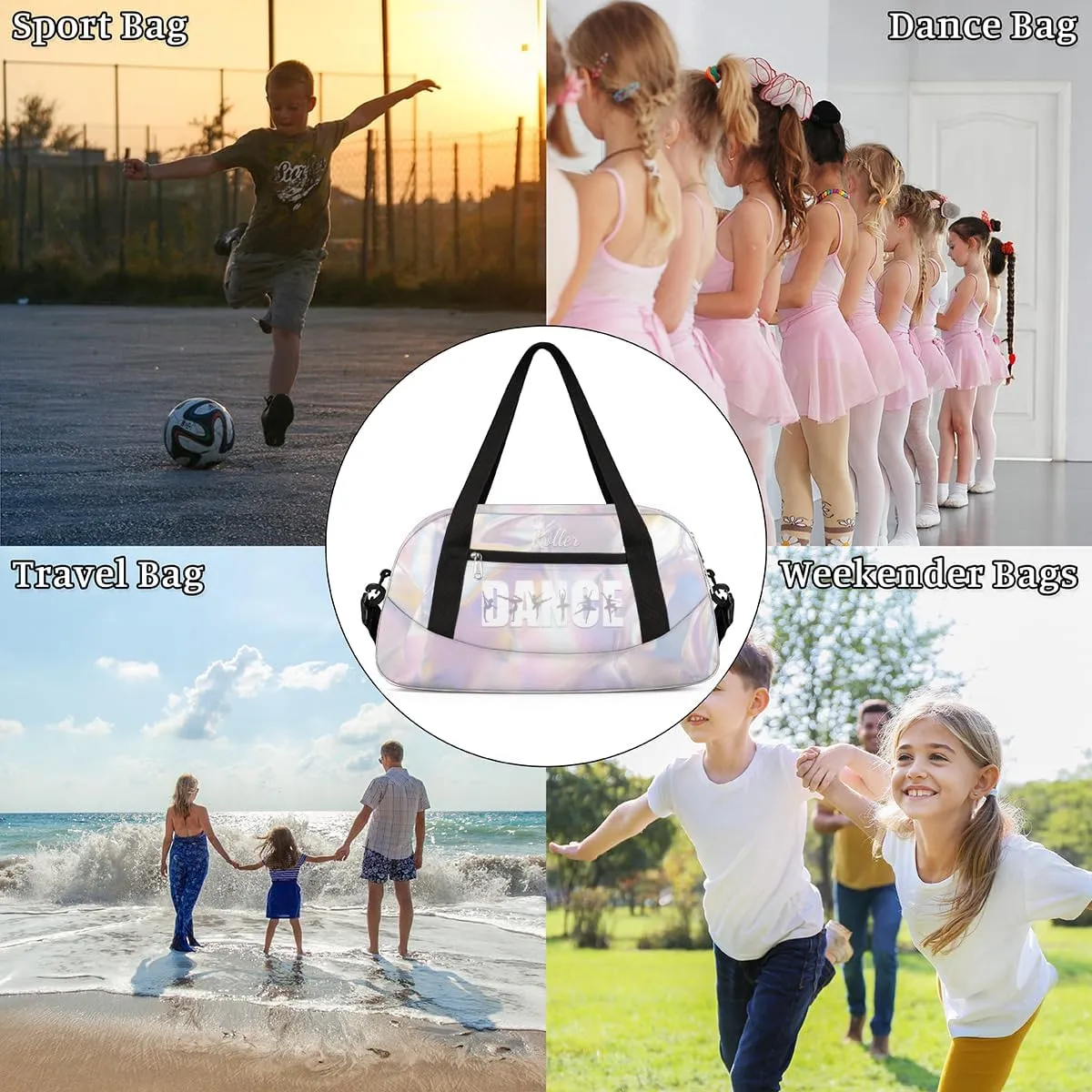 Personalized Gym Bag for Girls Teens, Custom Dance Bag Overnight Small Duffel Bag Carry On Weekend Sports Travel Bag for School Practice Gymnastics Ballet, White Neon
