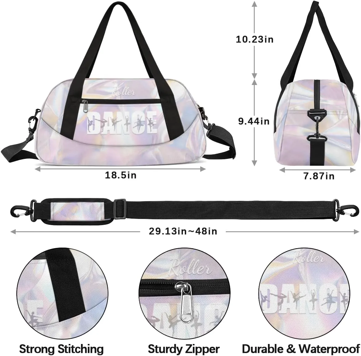 Personalized Gym Bag for Girls Teens, Custom Dance Bag Overnight Small Duffel Bag Carry On Weekend Sports Travel Bag for School Practice Gymnastics Ballet, White Neon