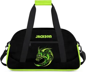 Personalized Gym Bag for Kids Boys, Dragon Green Totems Custom Small Duffel Bag with Padded Handles Carry On Weekend Travel Bag for School Practice Ball Games
