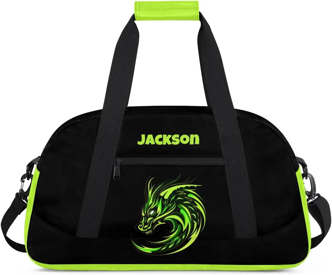 Personalized Gym Bag for Kids Boys, Dragon Green Totems Custom Small Duffel Bag with Padded Handles Carry On Weekend Travel Bag for School Practice Ball Games