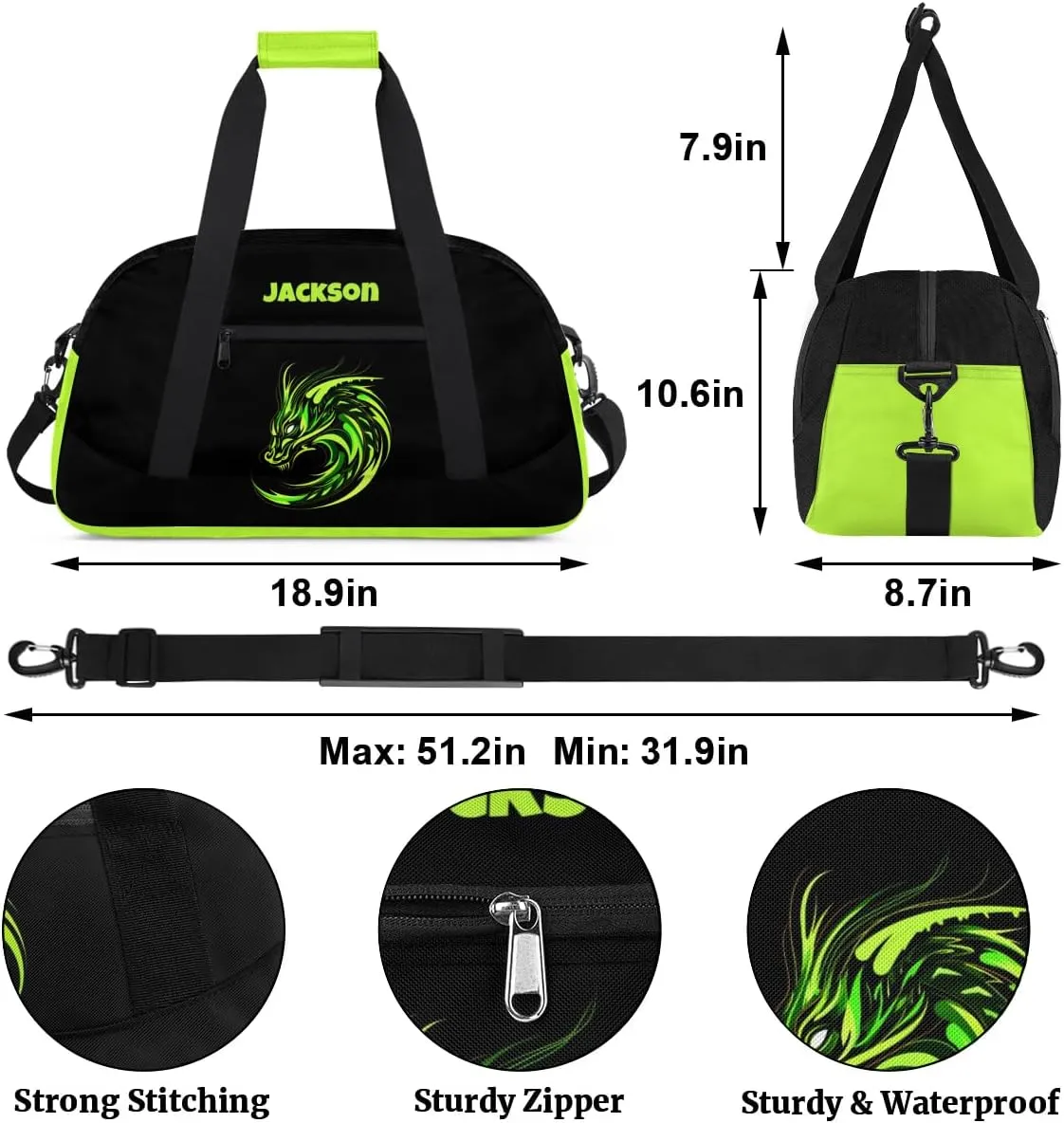 Personalized Gym Bag for Kids Boys, Dragon Green Totems Custom Small Duffel Bag with Padded Handles Carry On Weekend Travel Bag for School Practice Ball Games