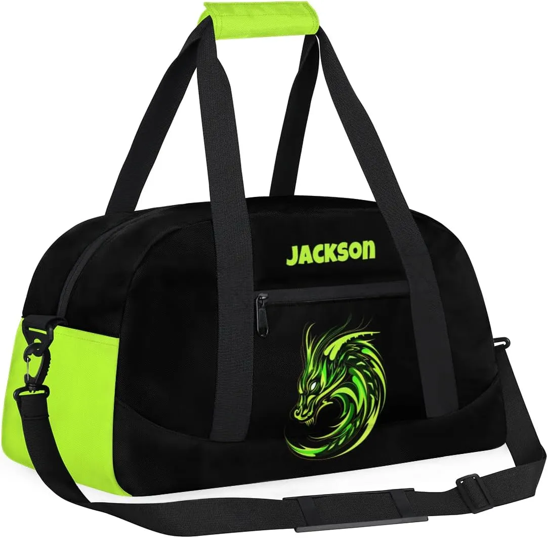 Personalized Gym Bag for Kids Boys, Dragon Green Totems Custom Small Duffel Bag with Padded Handles Carry On Weekend Travel Bag for School Practice Ball Games