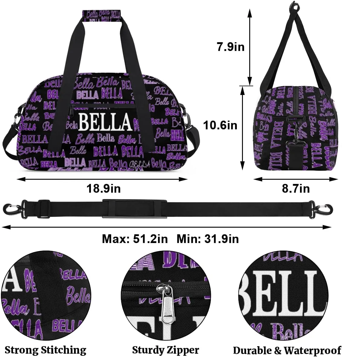 Personalized Gym Bag Kids Boys, Custom Name Carry On Weekender Gymnastics Dance Bag for Men Traveling Business Trip, Black Background Purple Name