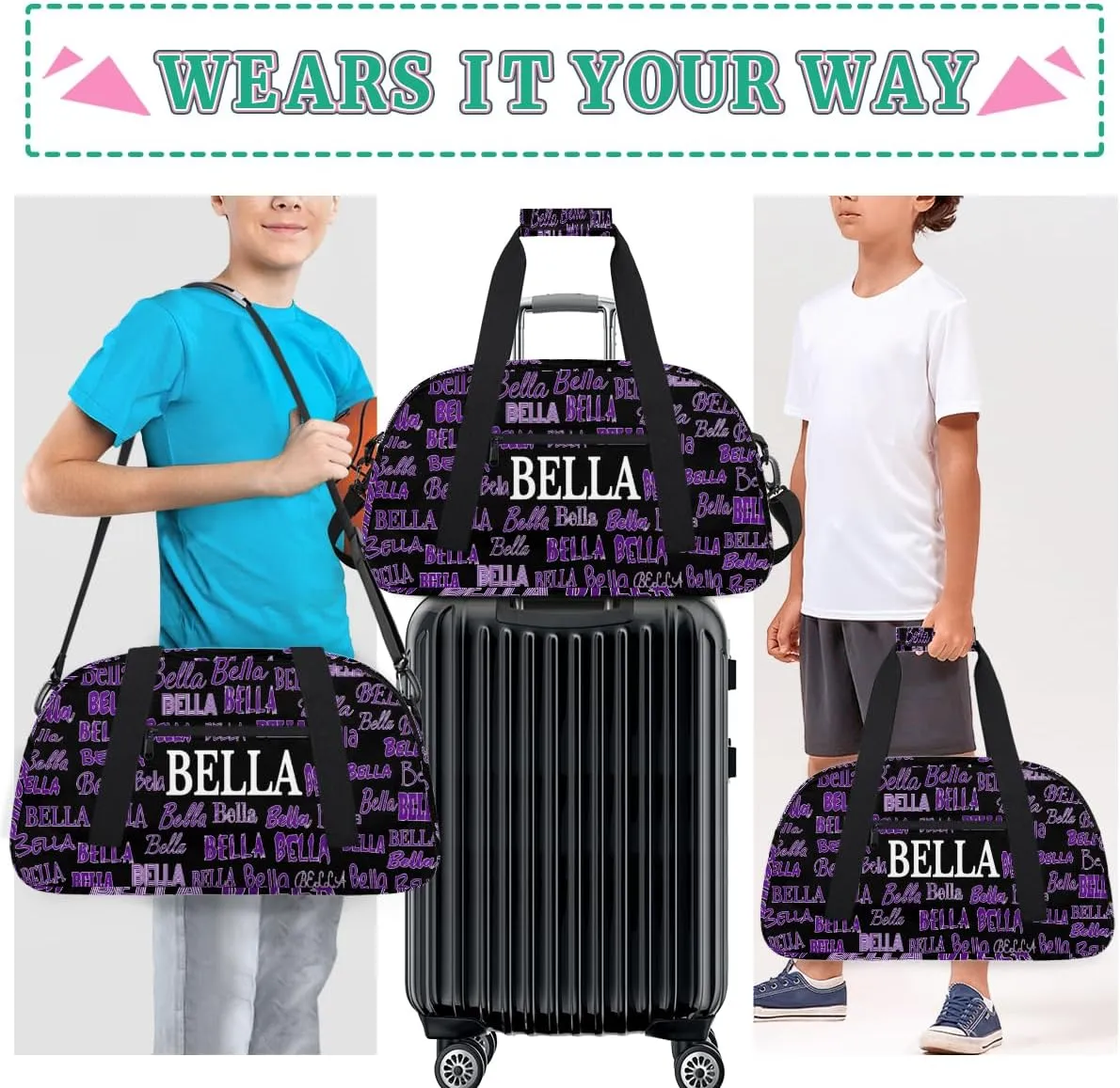 Personalized Gym Bag Kids Boys, Custom Name Carry On Weekender Gymnastics Dance Bag for Men Traveling Business Trip, Black Background Purple Name