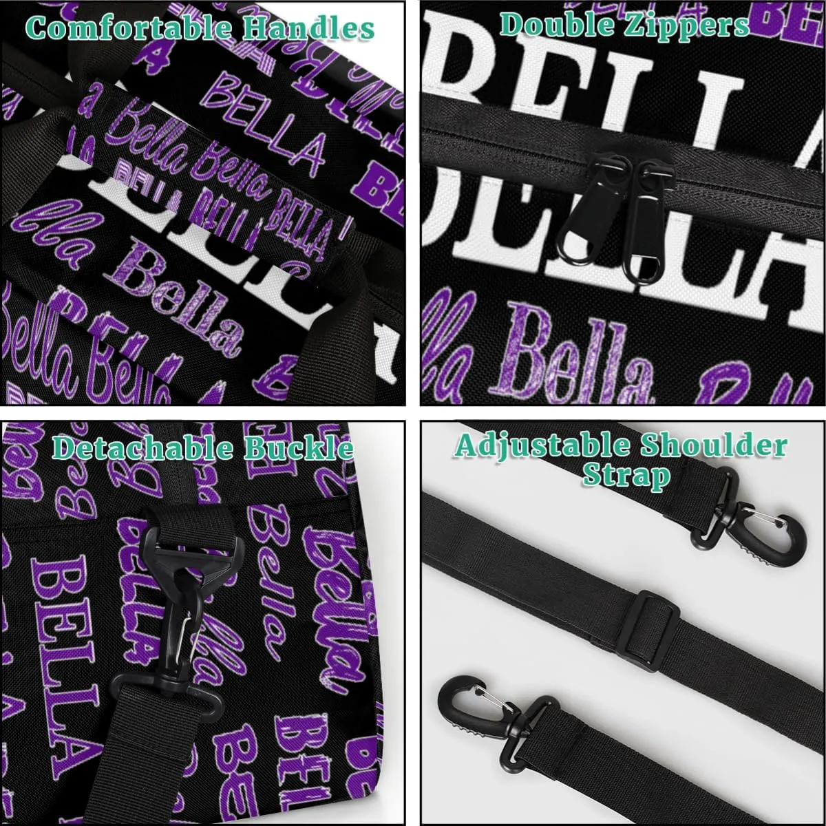 Personalized Gym Bag Kids Boys, Custom Name Carry On Weekender Gymnastics Dance Bag for Men Traveling Business Trip, Black Background Purple Name