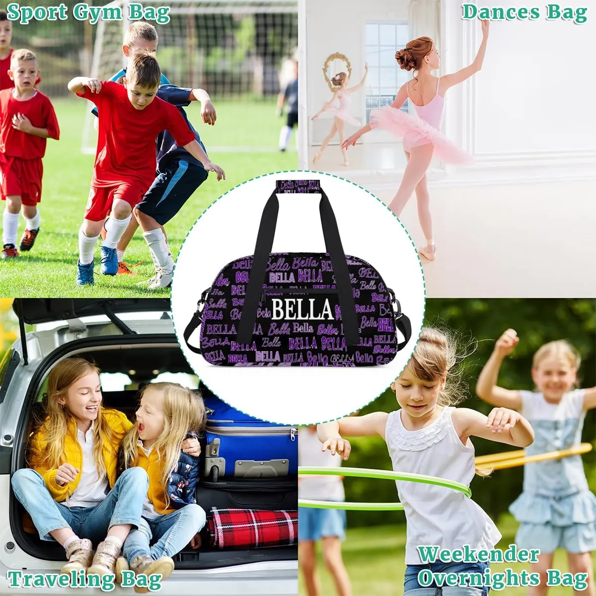 Personalized Gym Bag Kids Boys, Custom Name Carry On Weekender Gymnastics Dance Bag for Men Traveling Business Trip, Black Background Purple Name