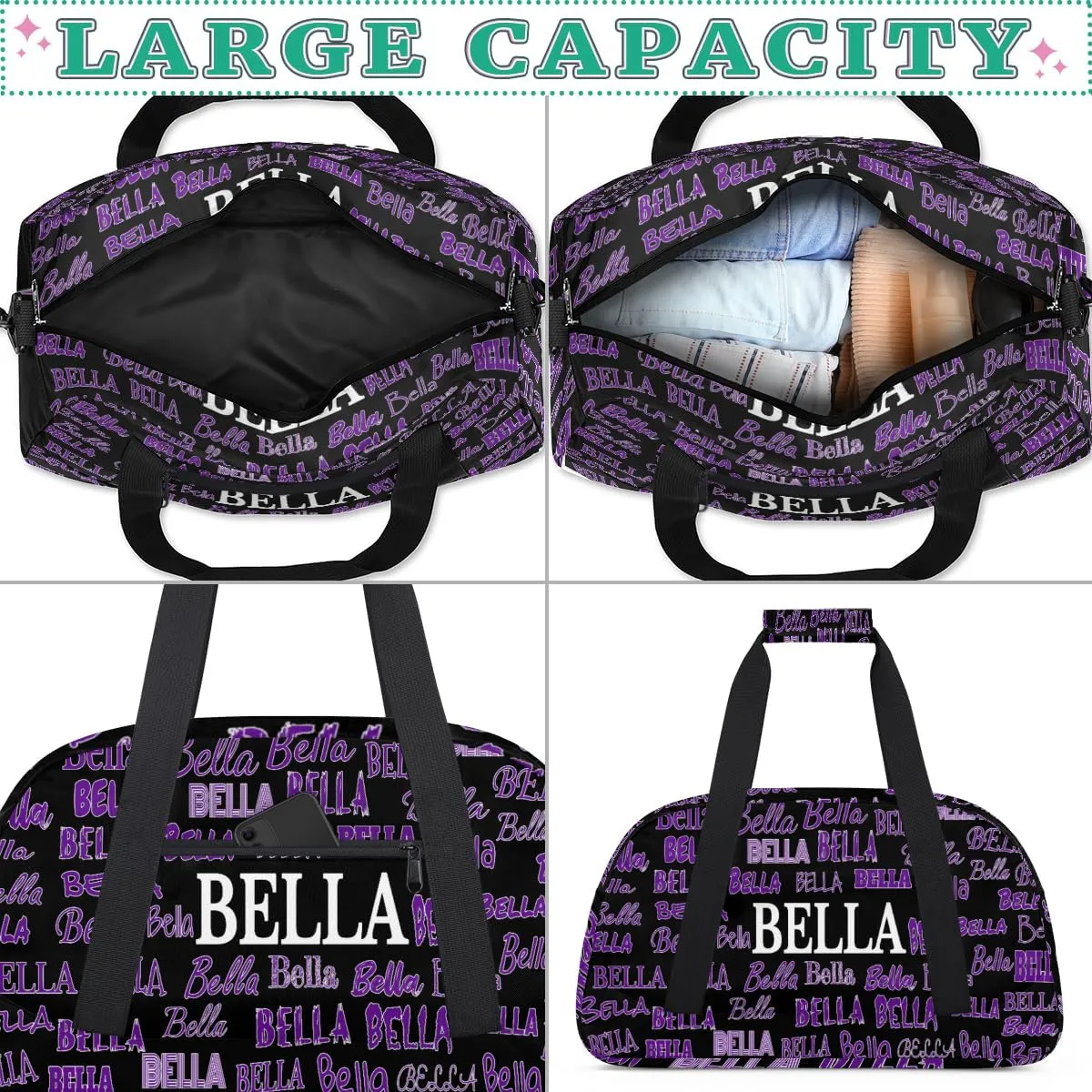 Personalized Gym Bag Kids Boys, Custom Name Carry On Weekender Gymnastics Dance Bag for Men Traveling Business Trip, Black Background Purple Name