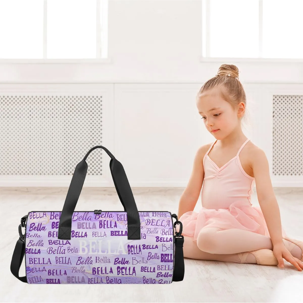Personalized Gymnastics Bag Names for Girls Teens, Custom Name Sport Fitness Duffle Gym Barrel Training Bag Travel Weekender Lightweight Bags, Light Purple Marble Texture