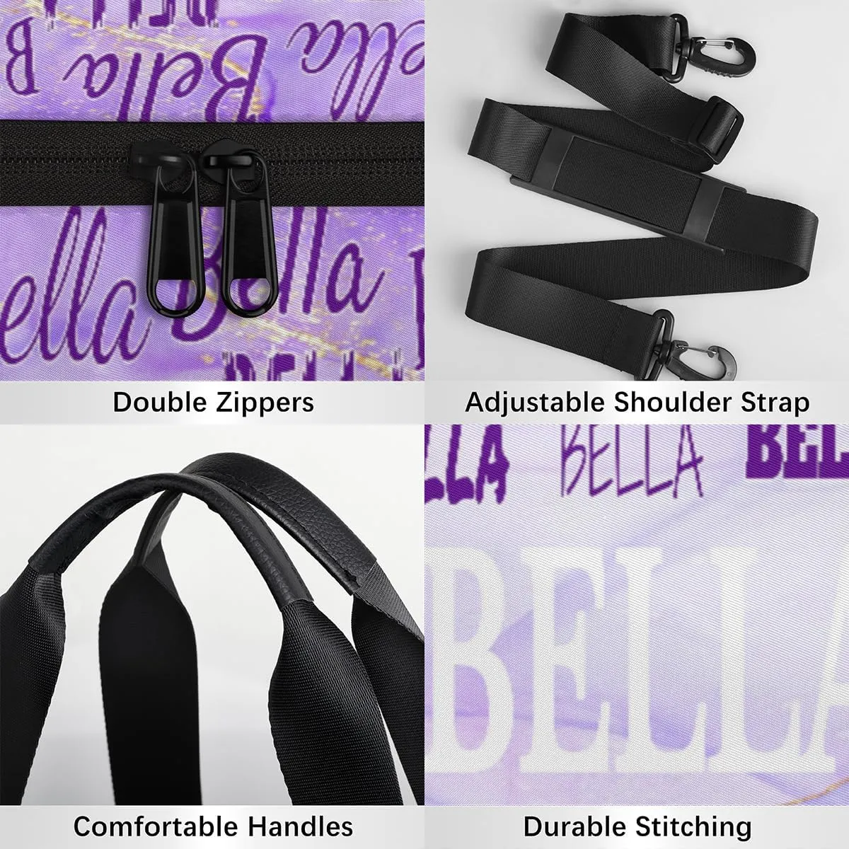 Personalized Gymnastics Bag Names for Girls Teens, Custom Name Sport Fitness Duffle Gym Barrel Training Bag Travel Weekender Lightweight Bags, Light Purple Marble Texture